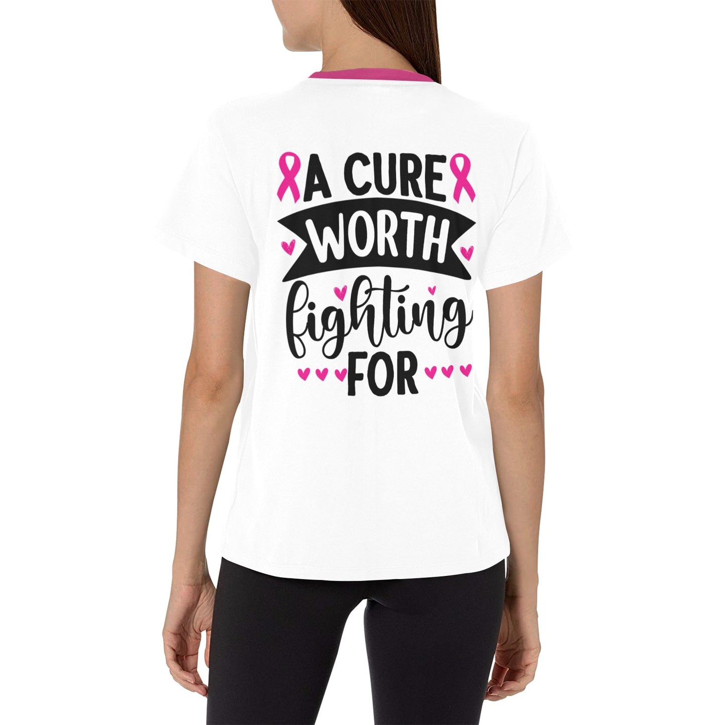 A cure worth fighting for breast cancer awareness womens t-shirt Women's All Over Print Crew Neck T-Shirt (Model T40-2)
