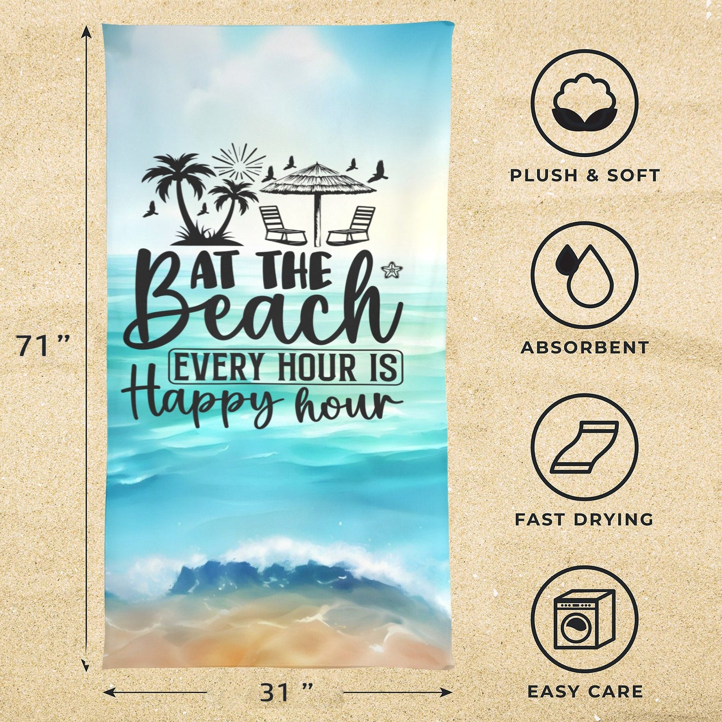 Beach Towel - Beach Happy Hour Beach Towel 31"x71"(NEW)