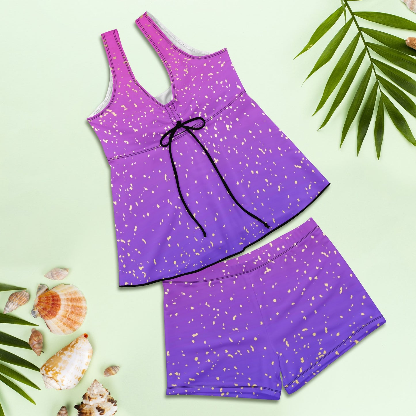 Pink-purple womens 2 piece tankini with boy-short bottoms Women's Vest Skirt Split Swimsuit (Model S47)