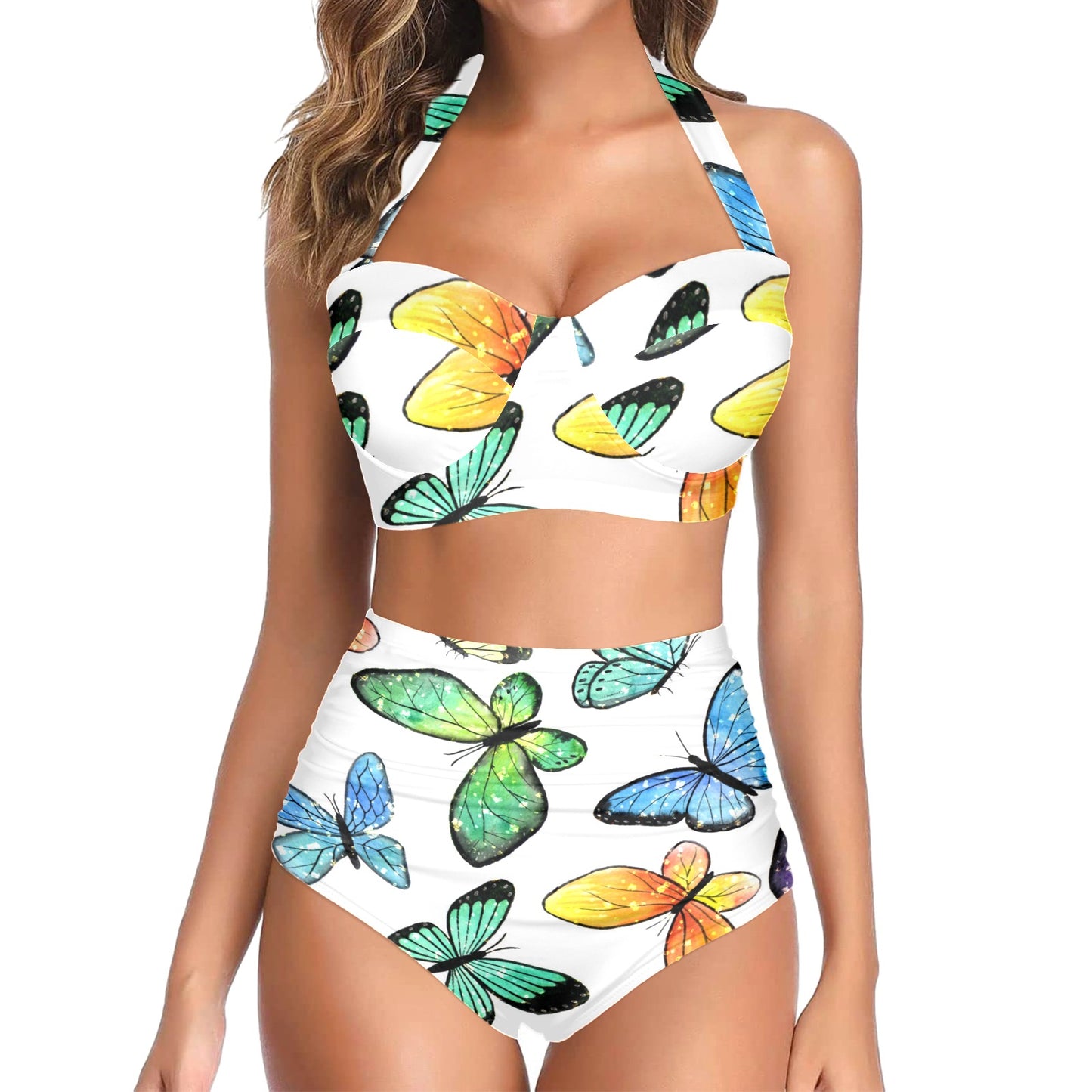 Butterflies womens 2 piece swimwear Women's Halter Neck Gather Chest Bikini Swimsuit