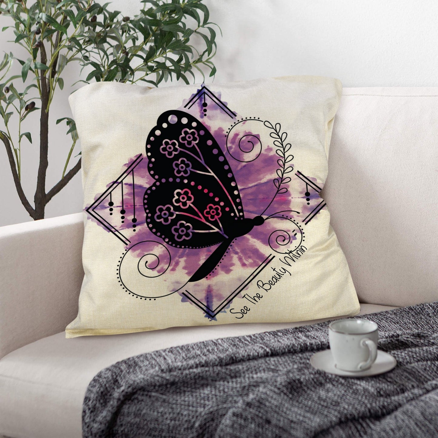 Pillow Purple Butterfly See Beauty Within Linen Pillow Case 18"x18" (One Side)