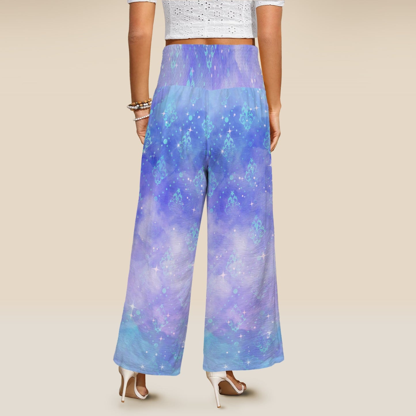 MoonlightSerenade wide leg elastic waist womens pants Elastic High Waist Pocket Wide Leg Pants