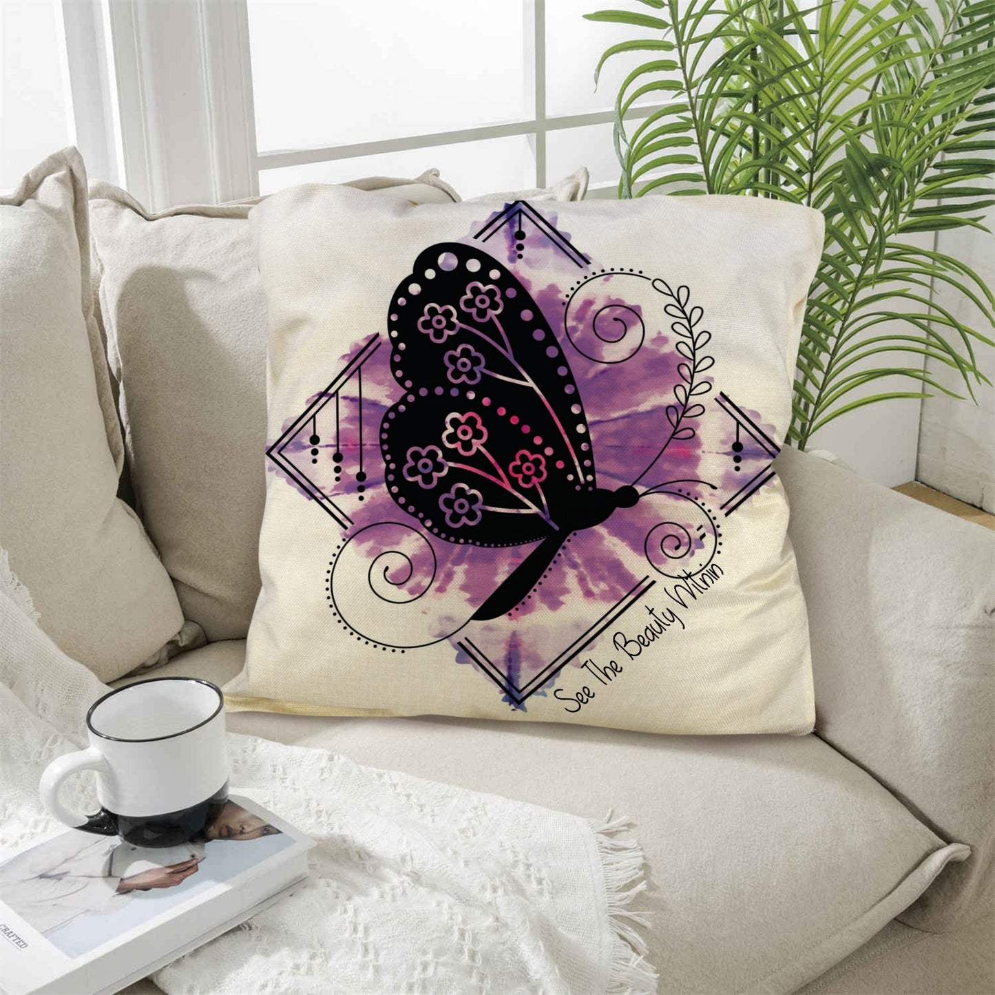 Pillow Purple Butterfly See Beauty Within Linen Pillow Case 18"x18" (One Side)