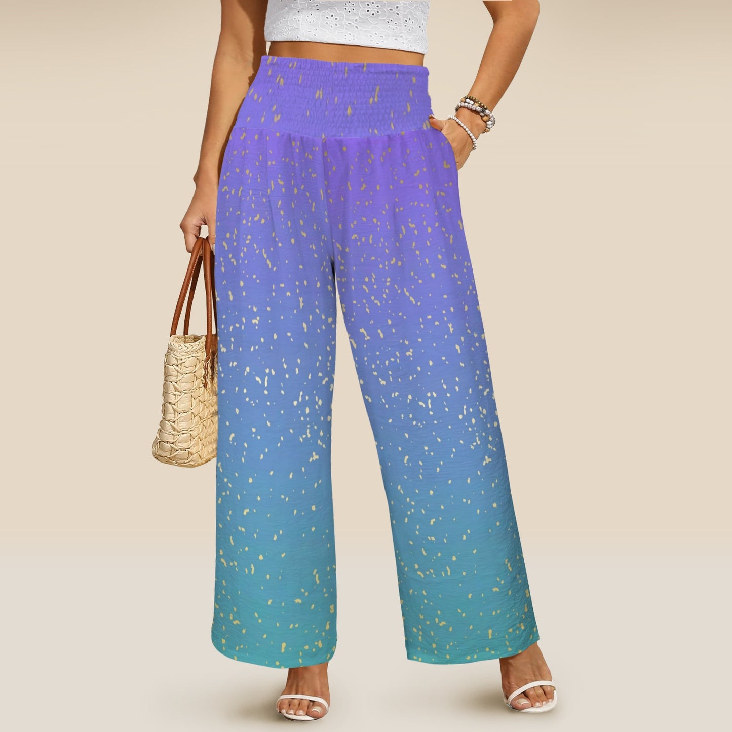 purple-blue gradient womens wide leg elastic waist pants Elastic High Waist Pocket Wide Leg Pants
