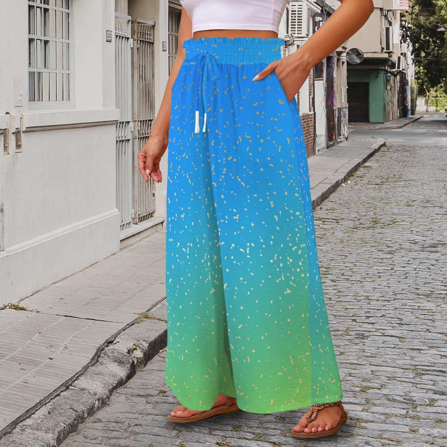 blue-green womens high waist wide leg pants Elastic Waist Tether Pockets Wide Leg Pants