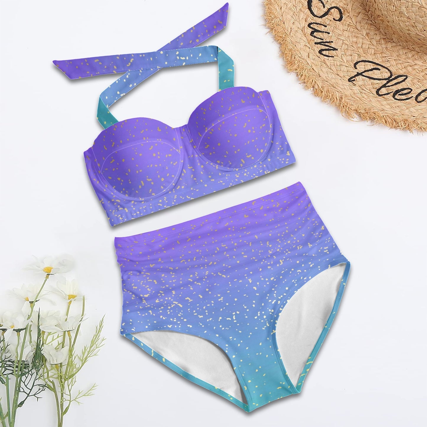 purple-blue gradient womens 2 piece swimwear Women's Halter Neck Gather Chest Bikini Swimsuit