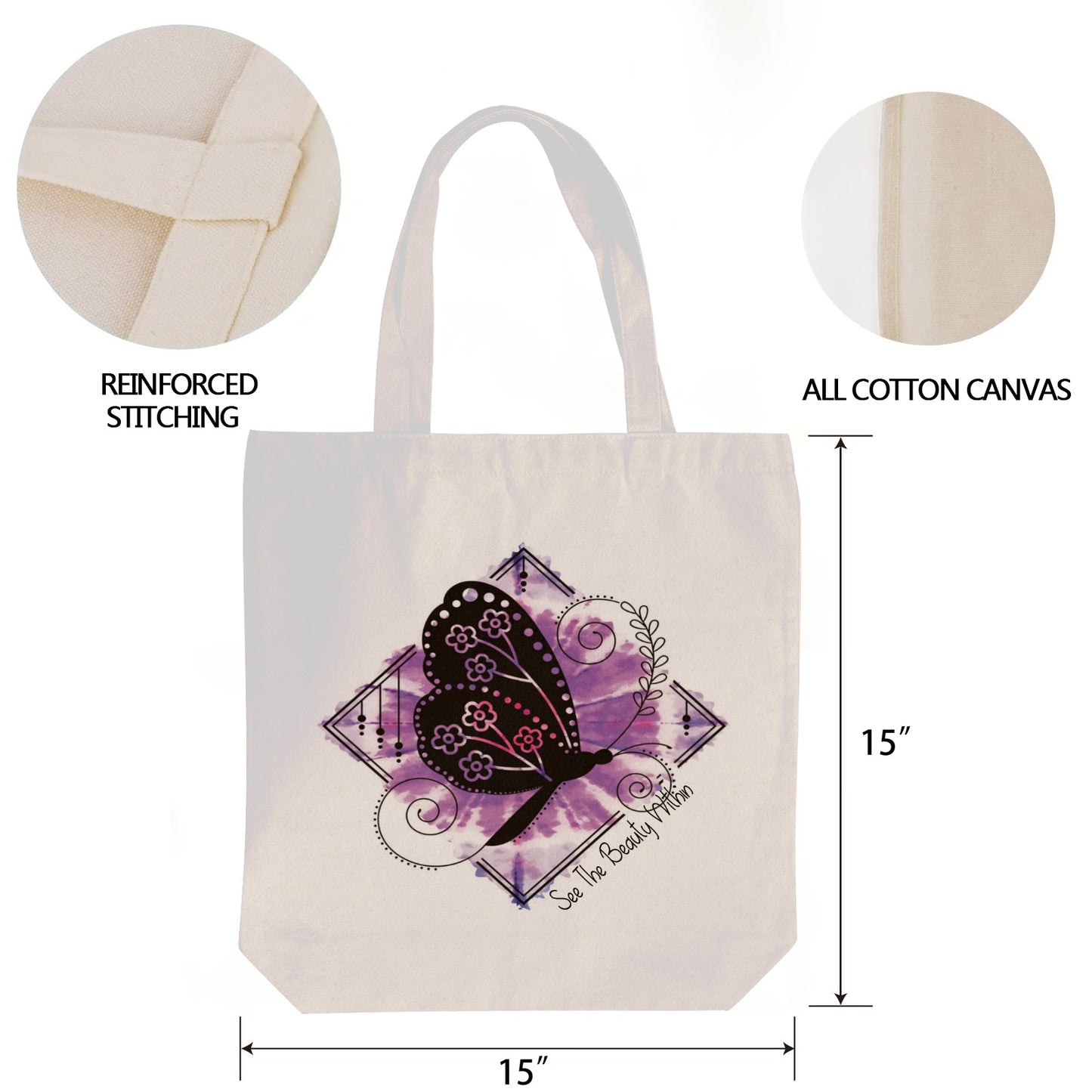 Canvas Tote Bag Purple Butterfly See Beauty Within Cotton Tote Bag (One Side Printing)