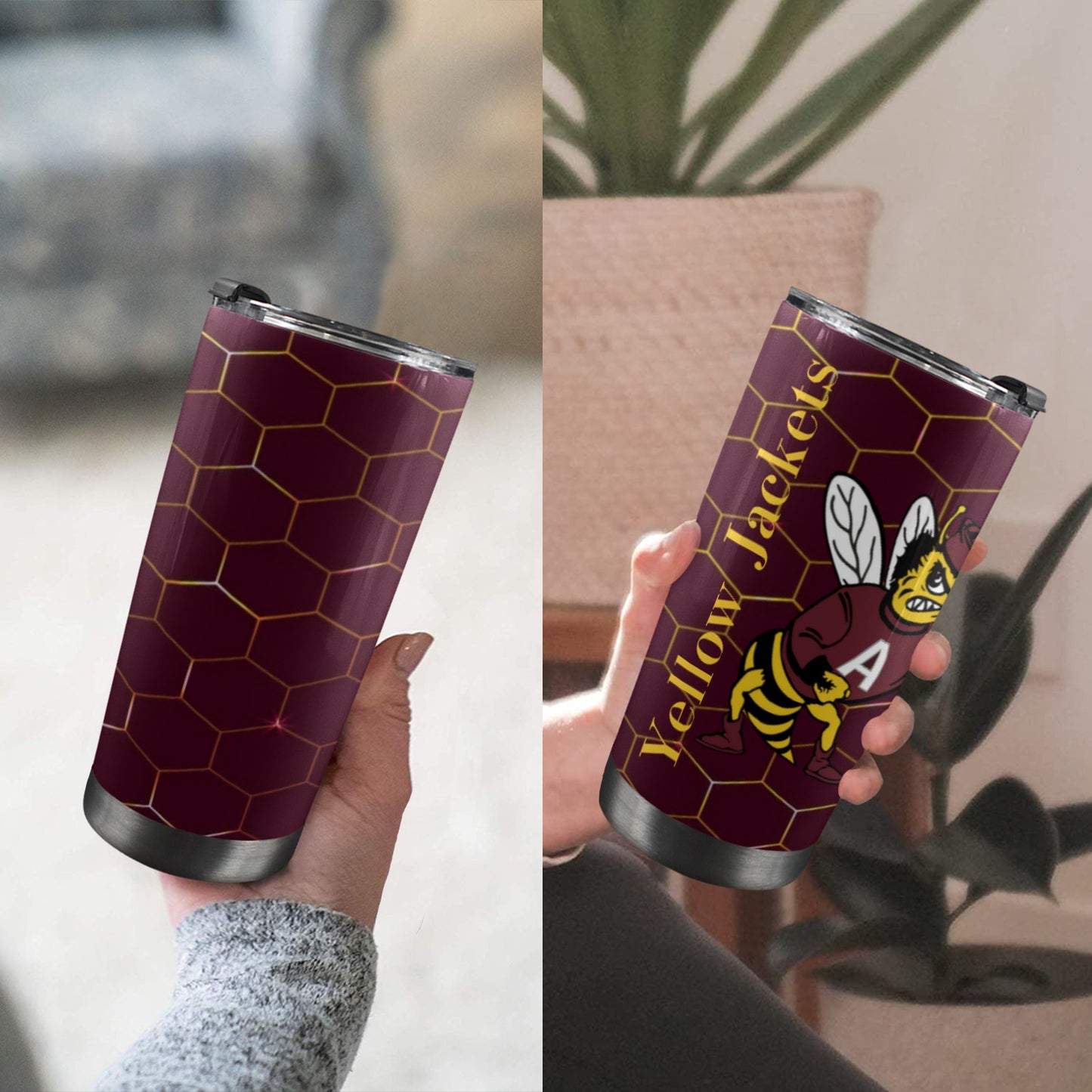 Honeycomb maroon YellowJacket mascot 20oz tumbler 20oz Mobile Tumbler with Lid (Black Lock)