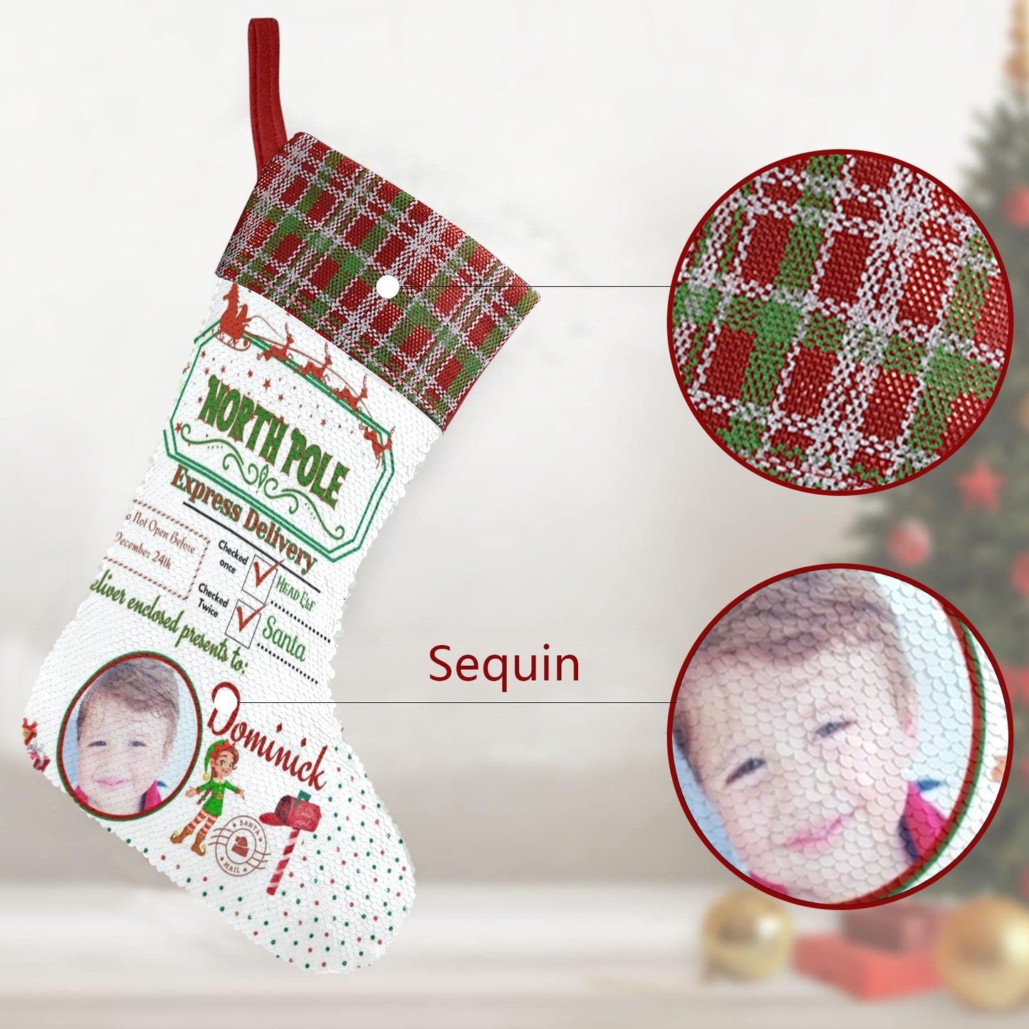 custom Christmas stocking Sequin trim