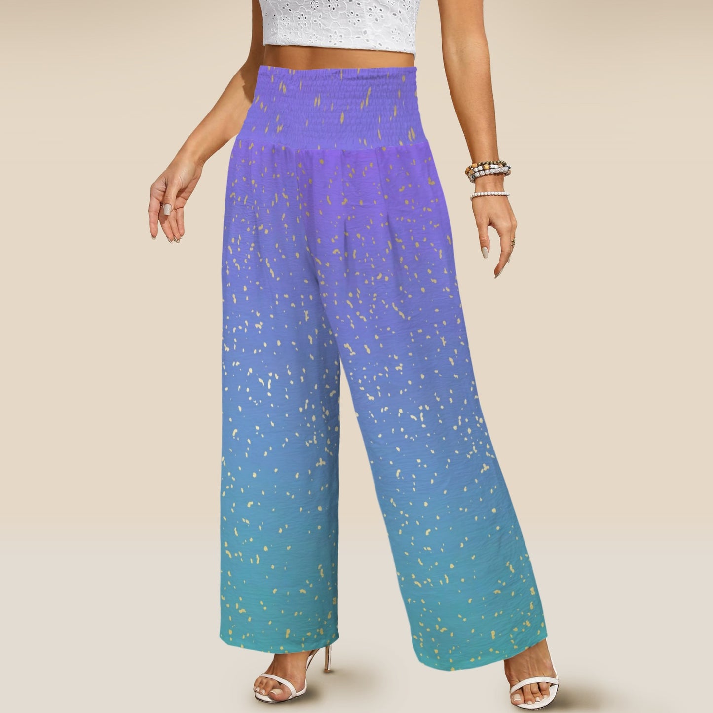 purple-blue gradient womens wide leg elastic waist pants Elastic High Waist Pocket Wide Leg Pants
