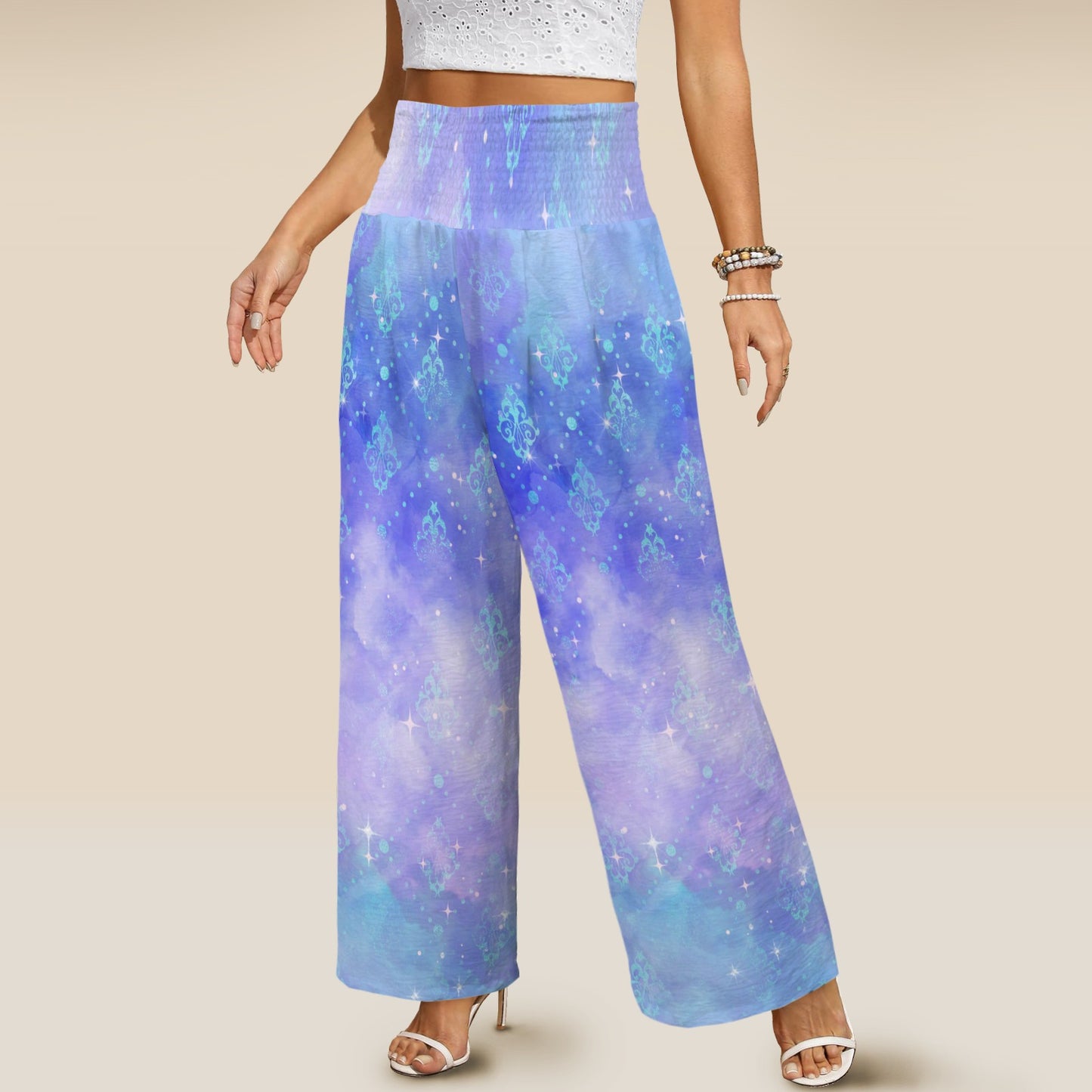 MoonlightSerenade wide leg elastic waist womens pants Elastic High Waist Pocket Wide Leg Pants