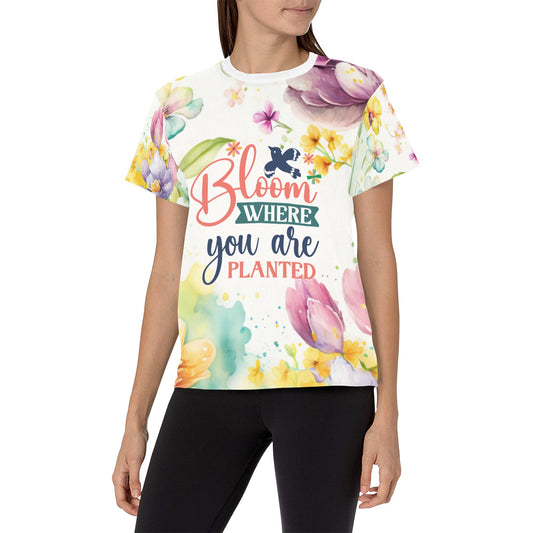 Spring Flowers Bloom where youre planted Women's Tee Women's All Over Print Crew Neck T-Shirt (Model T40-2)