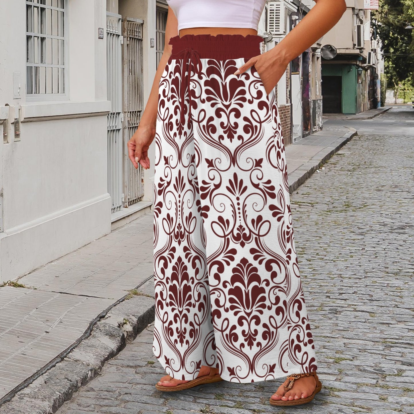 garnet damask elastic waist w/pockets womens pants Elastic Waist Tether Pockets Wide Leg Pants
