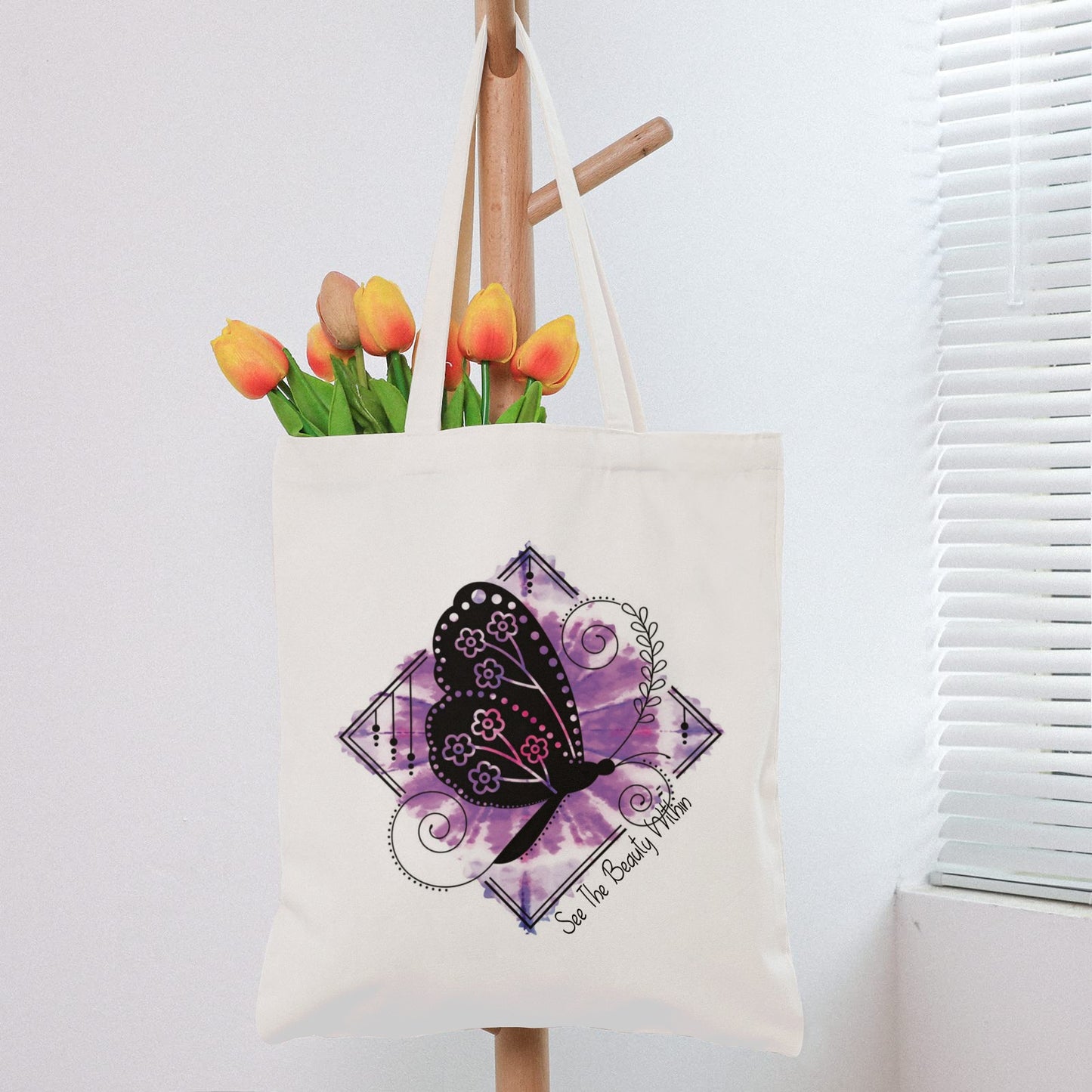 Canvas Tote Bag Purple Butterfly See Beauty Within Cotton Tote Bag (One Side Printing)