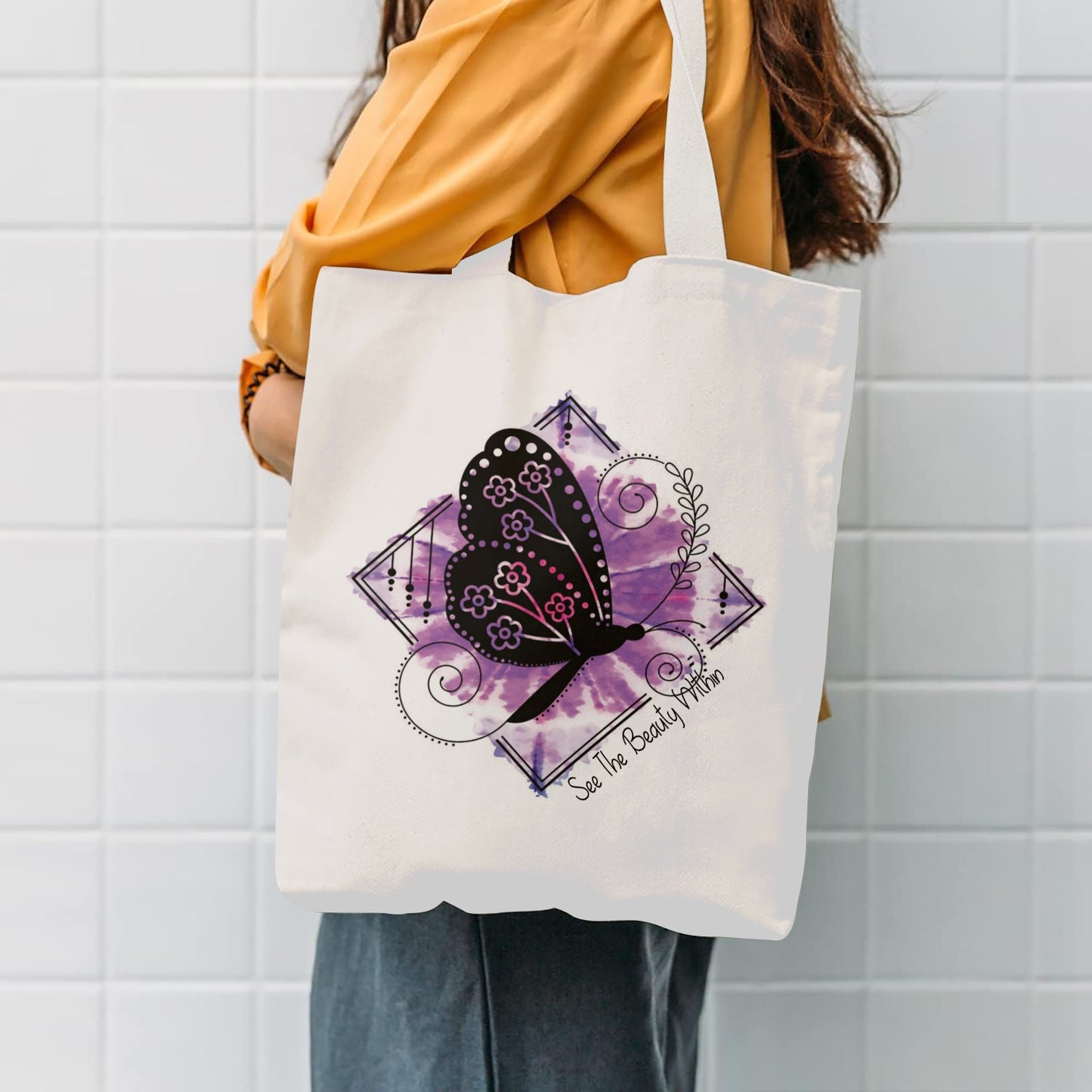 Canvas Tote Bag Purple Butterfly See Beauty Within Cotton Tote Bag (One Side Printing)