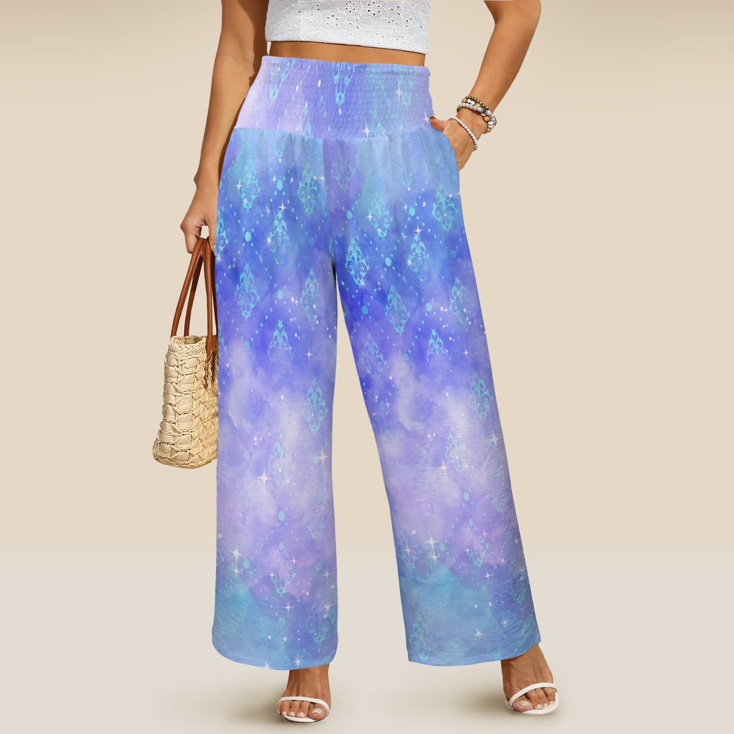 MoonlightSerenade wide leg elastic waist womens pants Elastic High Waist Pocket Wide Leg Pants