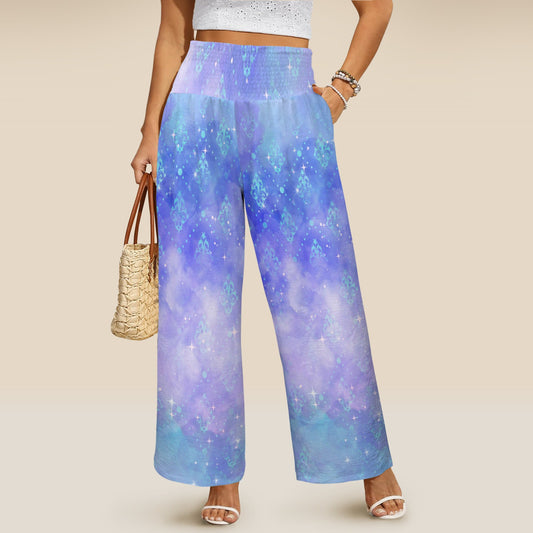 MoonlightSerenade wide leg elastic waist womens pants Elastic High Waist Pocket Wide Leg Pants