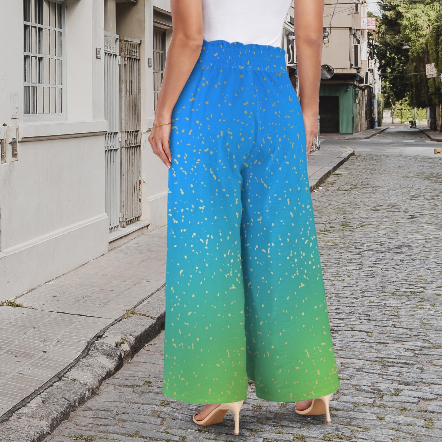 blue-green womens high waist wide leg pants Elastic Waist Tether Pockets Wide Leg Pants