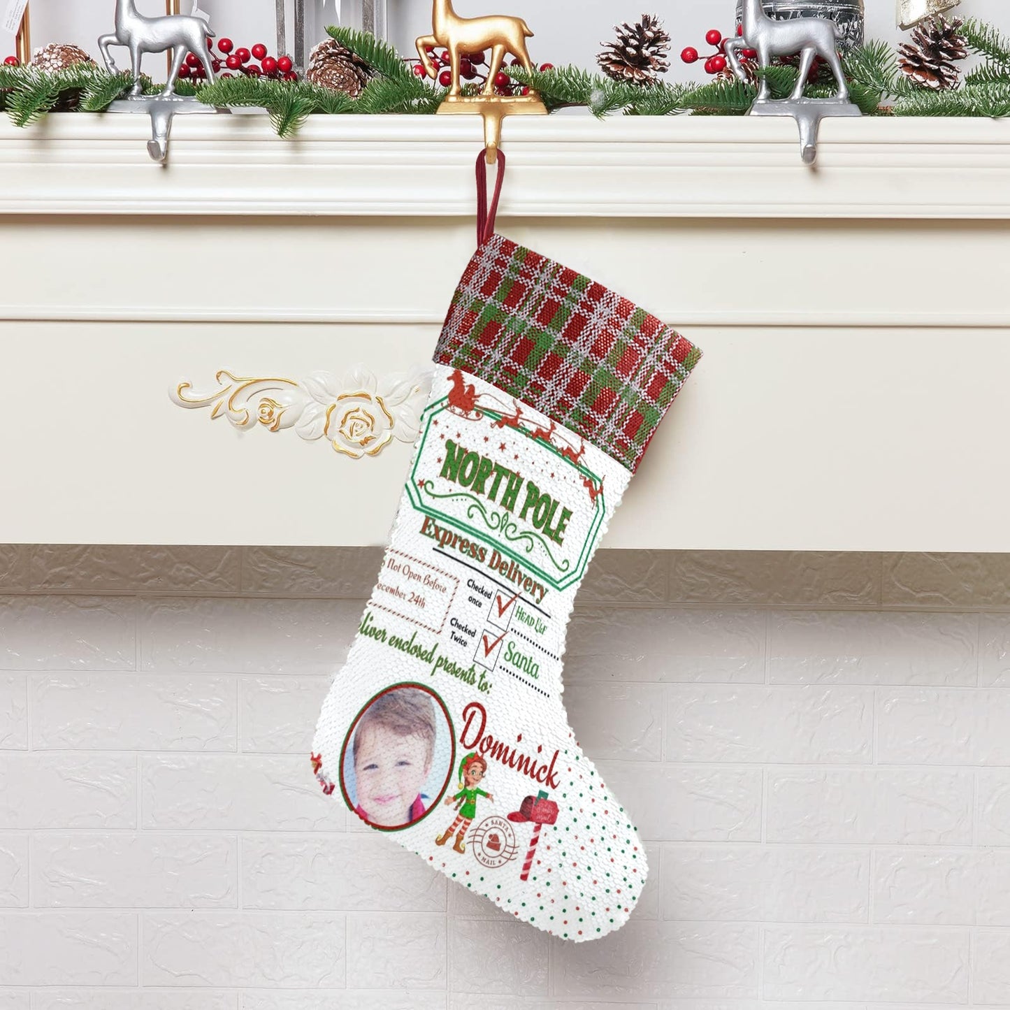 custom Christmas stocking Sequin trim