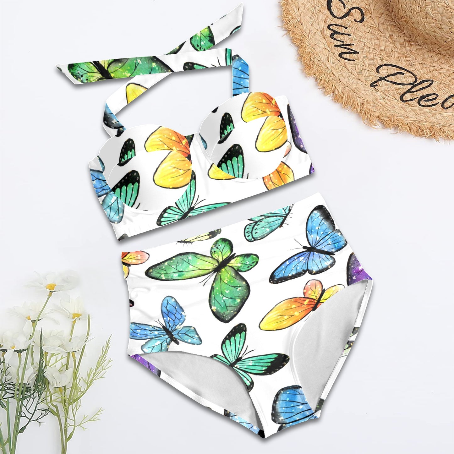 Butterflies womens 2 piece swimwear Women's Halter Neck Gather Chest Bikini Swimsuit