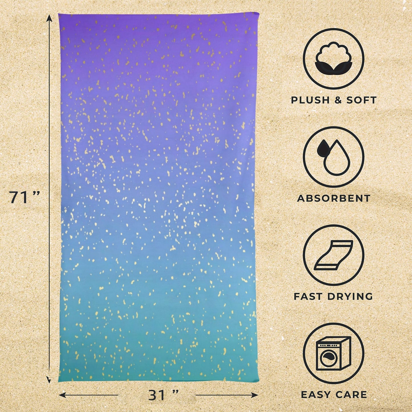 purple-blue gradient gold specs beach towel Beach Towel 31"x71"(NEW)