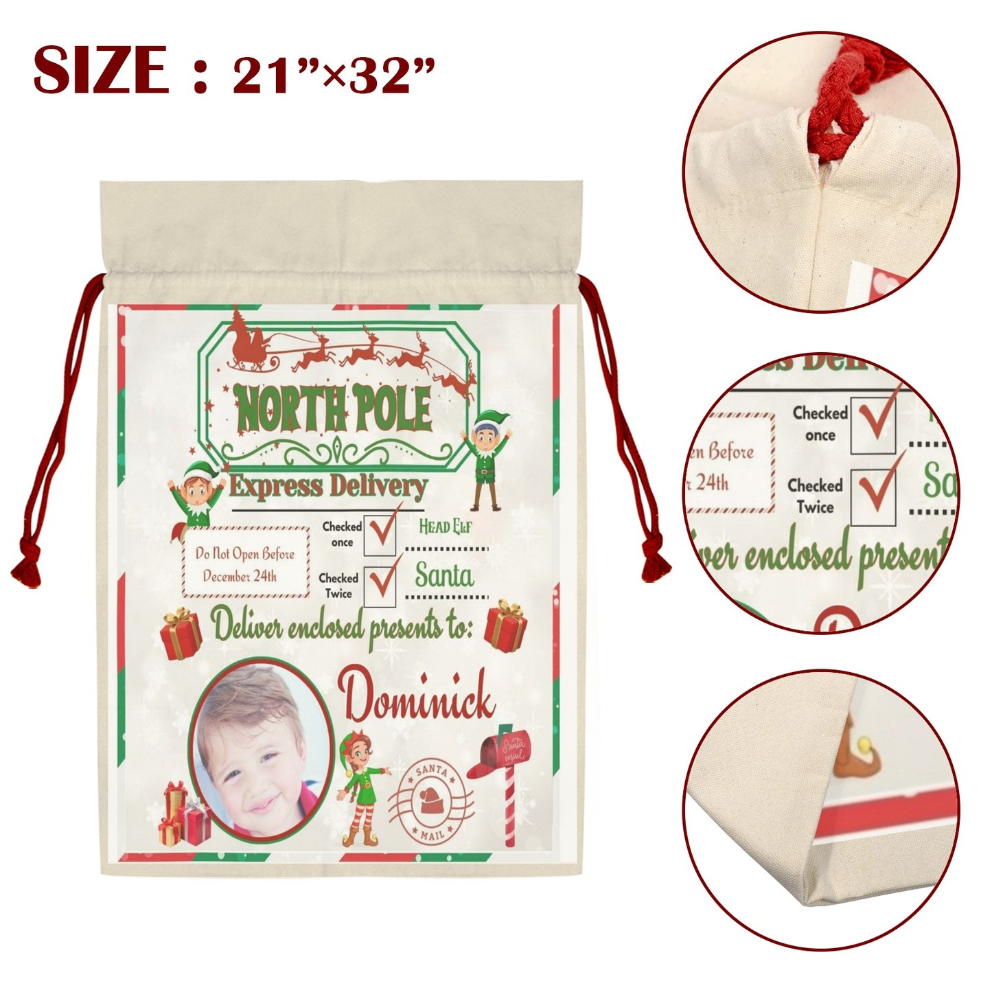 Custom Santa Sack Santa Claus Drawstring Bag 21"x32" (One-Sided Printing)