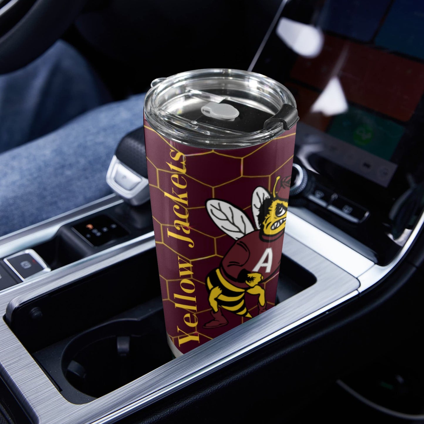 Honeycomb maroon YellowJacket mascot 20oz tumbler 20oz Mobile Tumbler with Lid (Black Lock)