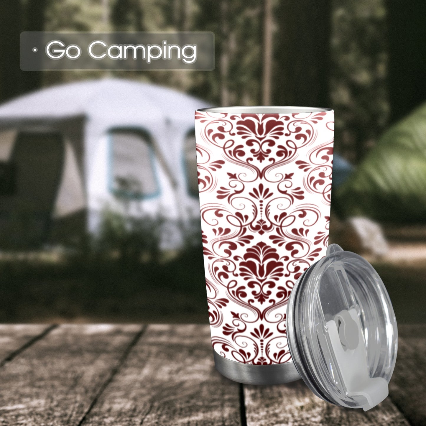 Garnet-maroon seamless-DamaskPattern 20oz Mobile Tumbler with Clear Slide Lid